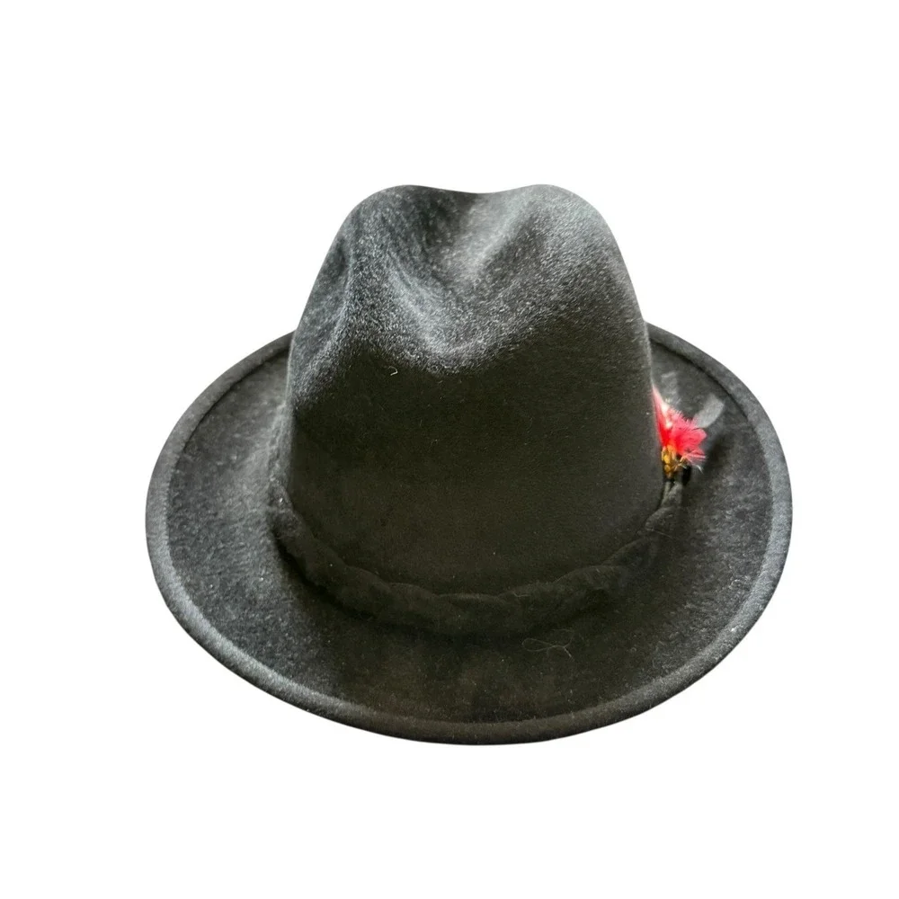 Mrs. Dewson's Hats Fedora Hat Black Red Feather Accent Size 7 Made in Canada